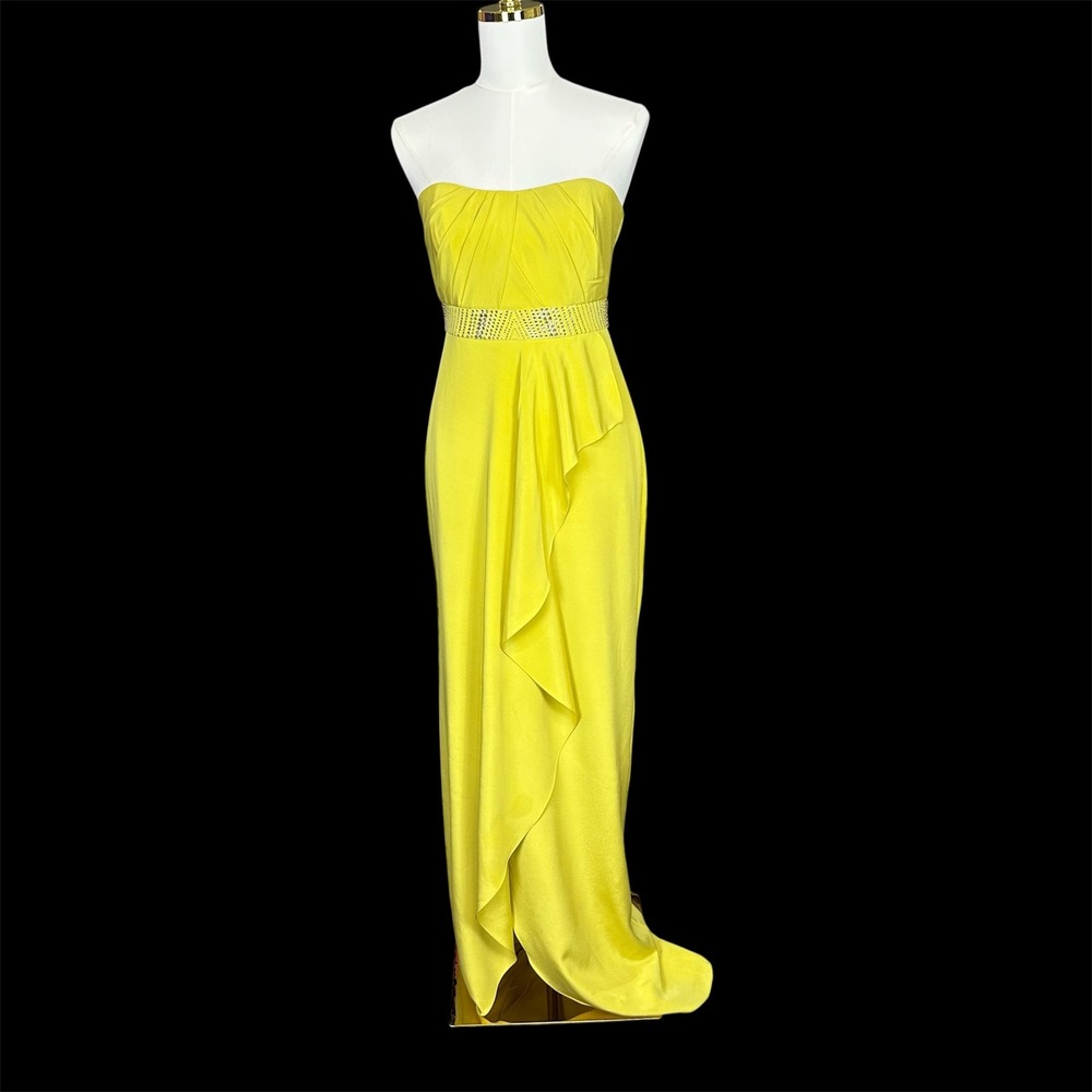 Nicole‎ Miller Yellow Strapless Embellished Waist Ruffle Evening Gown Maxi Dress - Picture 2 of 13